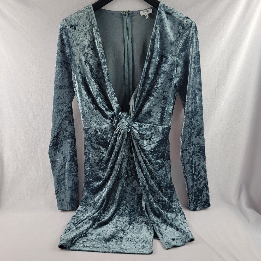 Tobi‎ velvet plunging long sleeve mini dress in steel grey Size Medium